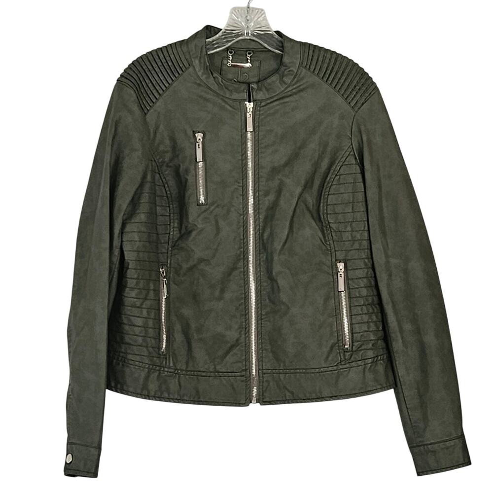 J2 Faux Leather Moto Jacket Womens XL Green Zipper Pockets Retro Biker Vegan